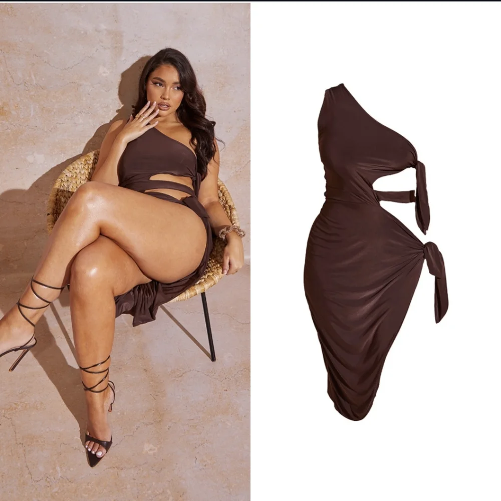 NWT PrettyLittleThing One Shoulder Tie Midi Dress - Picture 2 of 9